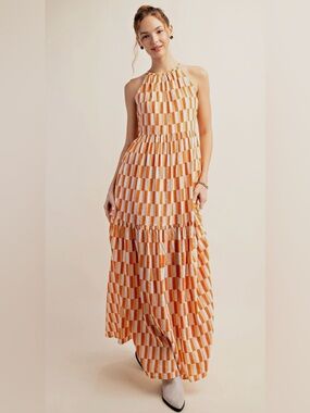 KORI Orange Checkered Maxi Dress NWT